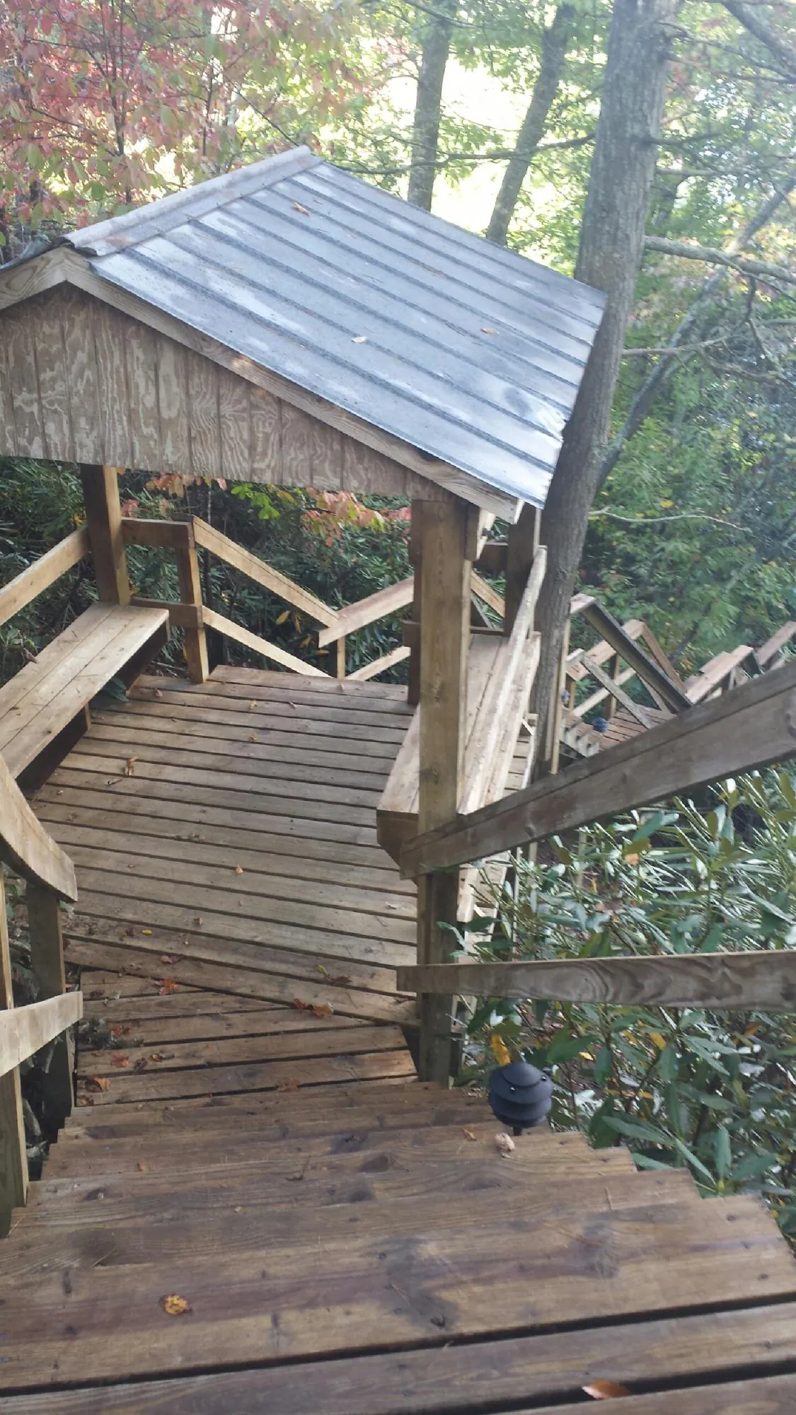 Metal roofed shelter over wooden steps on a wooded walkway — Skylight Repair & Installation work by our crew in Amory